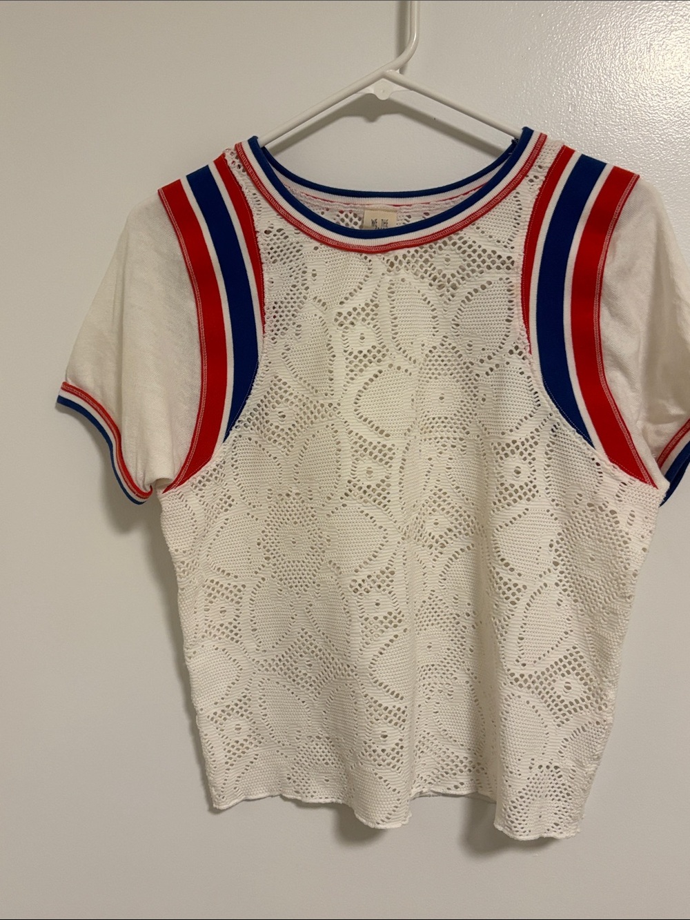 We the Free Women’s White Lace Knit Short Sleeve Top with Red & Blue Trim